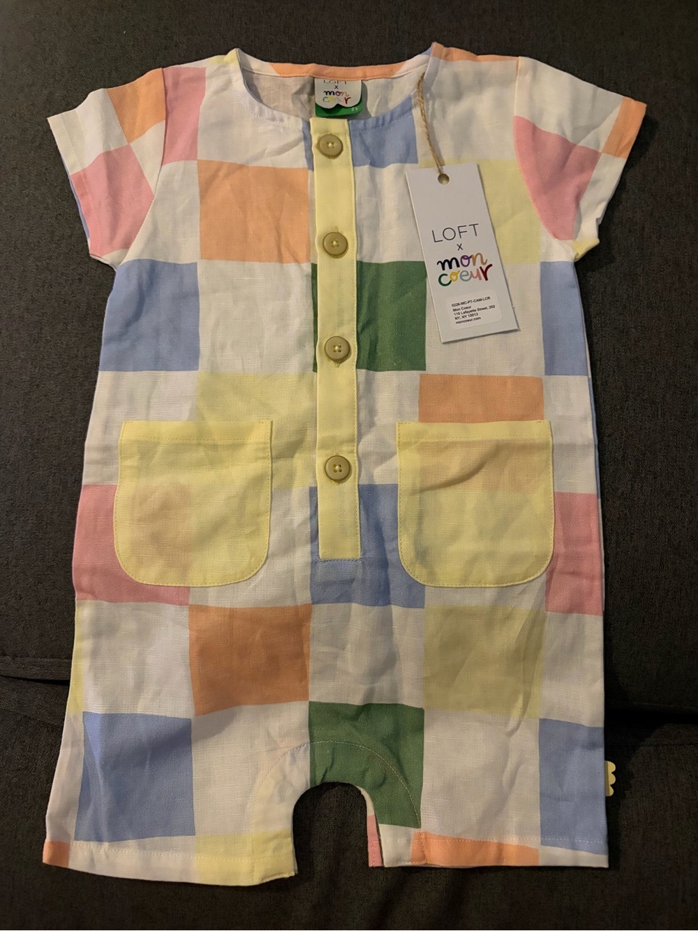 LOFT x Mon Coeur Pastel Check Linen Short-Sleeve One-Piece Bodysuit - Picture 2 of 4